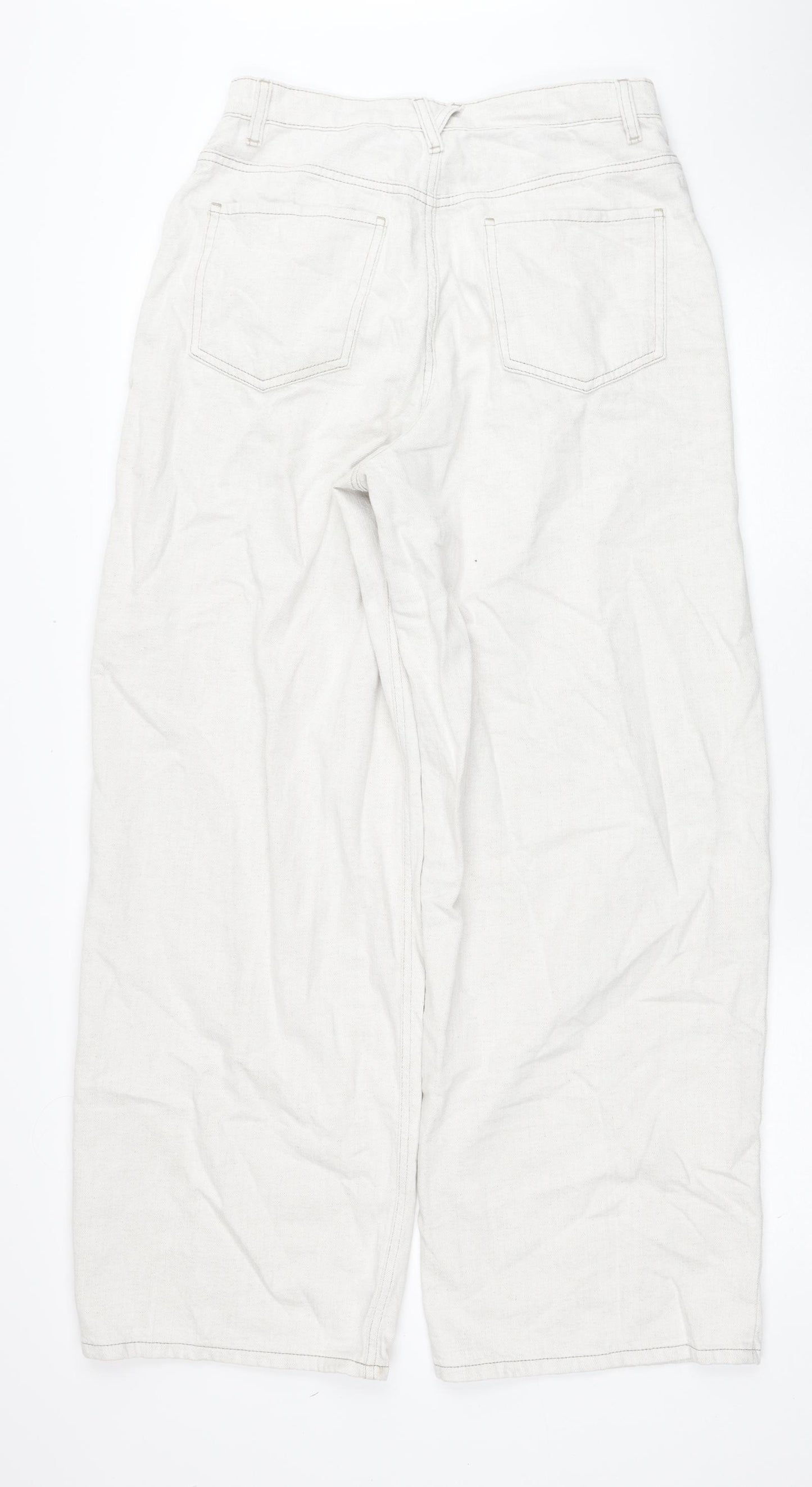 Zara Womens Ivory Cotton Wide-Leg Jeans Size S Regular Zip