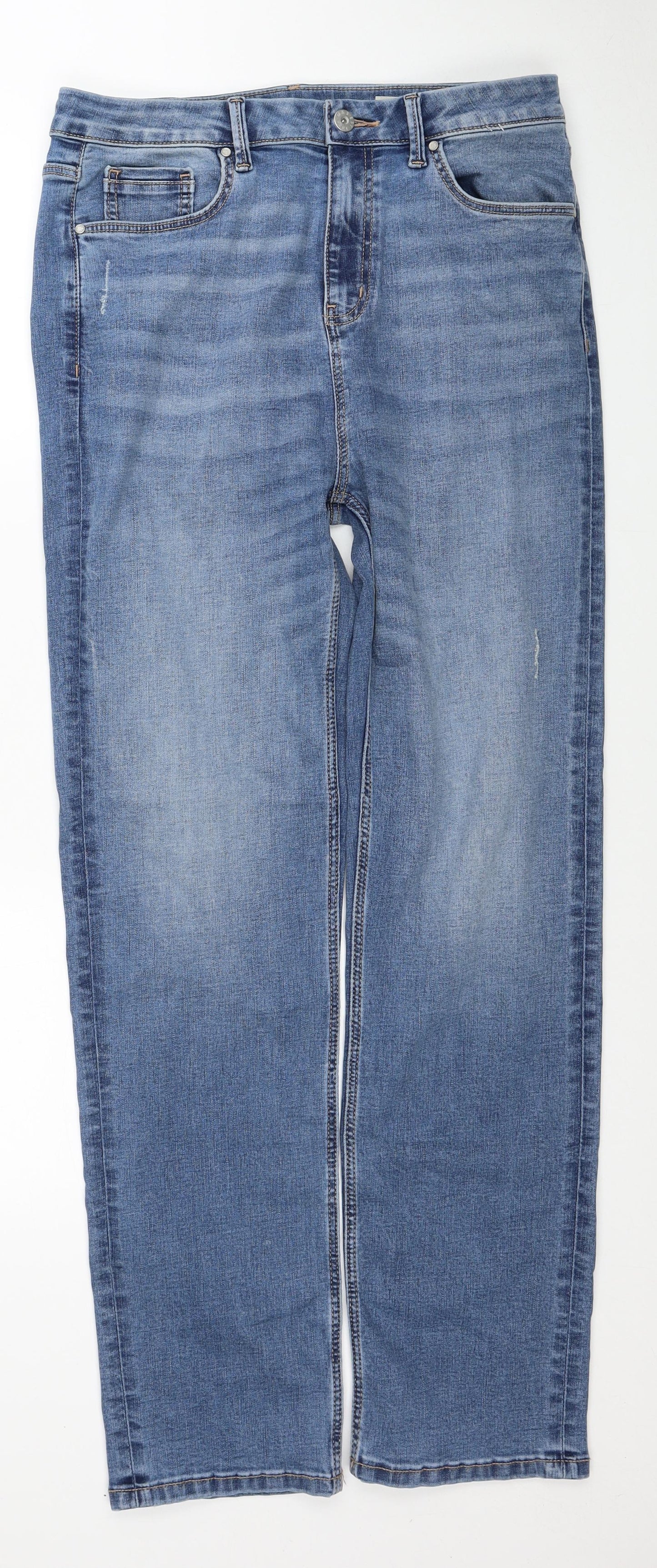 Marks and Spencer Womens Blue Cotton Straight Jeans Size 14 Regular Zip