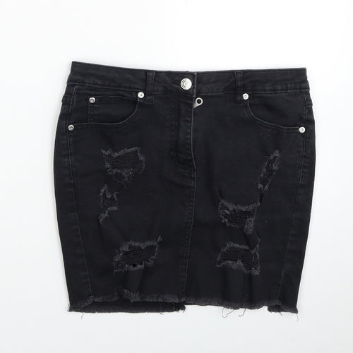 PARISIAN SIGNATURE Womens Black Cotton Mini Skirt Size 10 Zip - Distressed Look