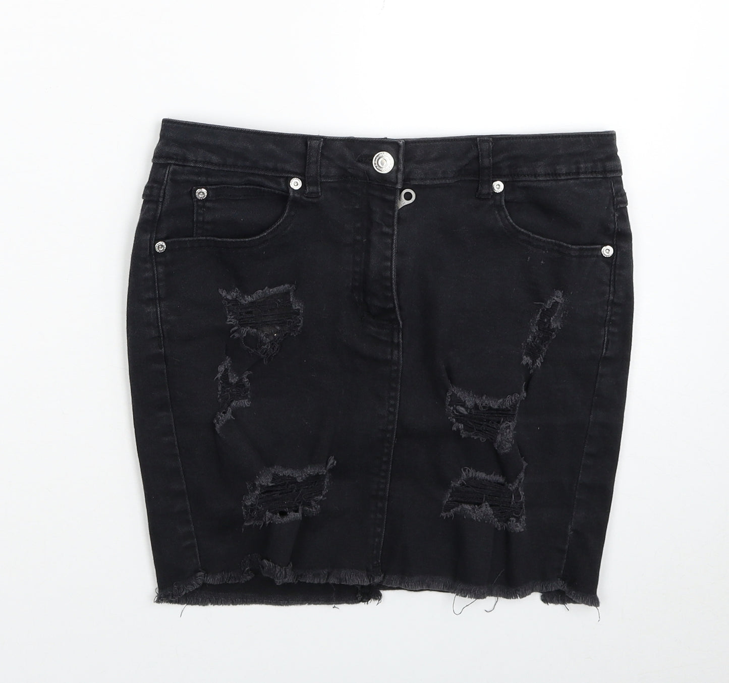 PARISIAN SIGNATURE Womens Black Cotton Mini Skirt Size 10 Zip - Distressed Look