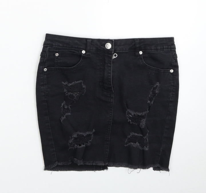 PARISIAN SIGNATURE Womens Black Cotton Mini Skirt Size 10 Zip - Distressed Look