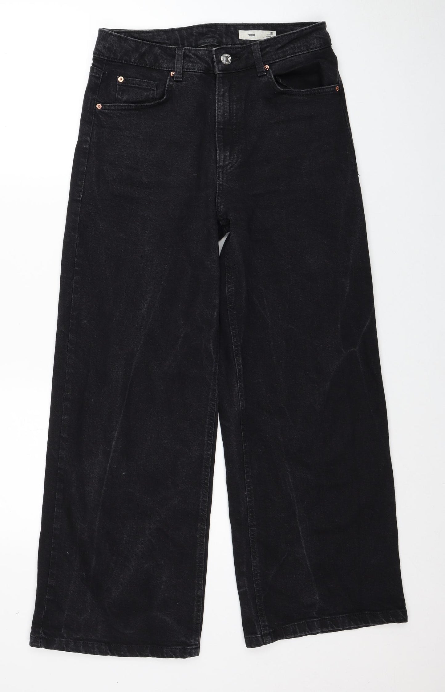 Marks and Spencer Womens Black Cotton Wide-Leg Jeans Size 10 Regular Zip
