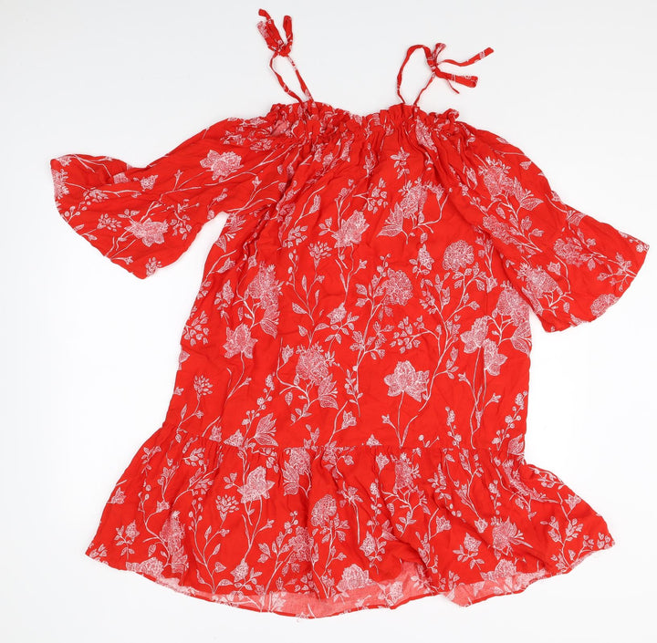 H&M Womens Red Floral Viscose Trapeze & Swing Size 10 Off the Shoulder Pullover