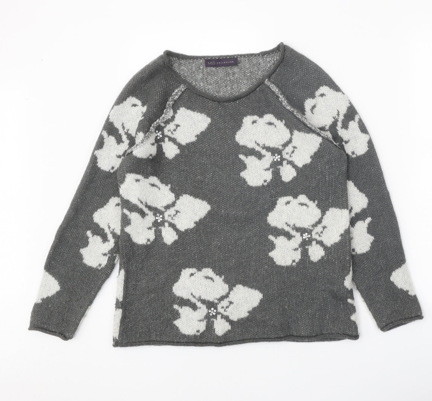 Marks and Spencer Womens Grey Scoop Neck Geometric Acrylic Pullover Jumper Size 10