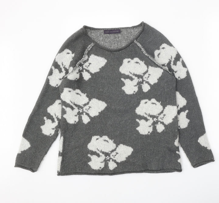 Marks and Spencer Womens Grey Scoop Neck Geometric Acrylic Pullover Jumper Size 10