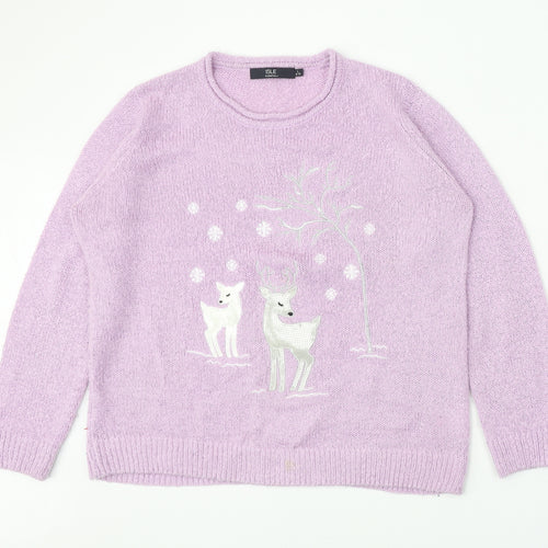 EWM Womens Purple Round Neck Acrylic Pullover Jumper Size 18 - Reindeer