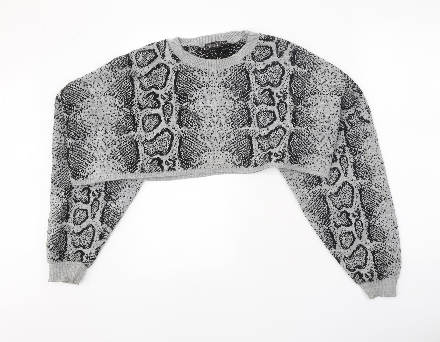 Rebellious Womens Grey Round Neck Animal Print Acrylic Pullover Jumper Size S - Snake Print