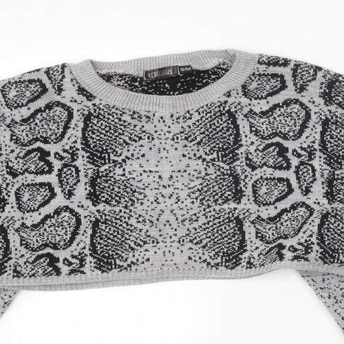 Rebellious Womens Grey Round Neck Animal Print Acrylic Pullover Jumper Size S - Snake Print