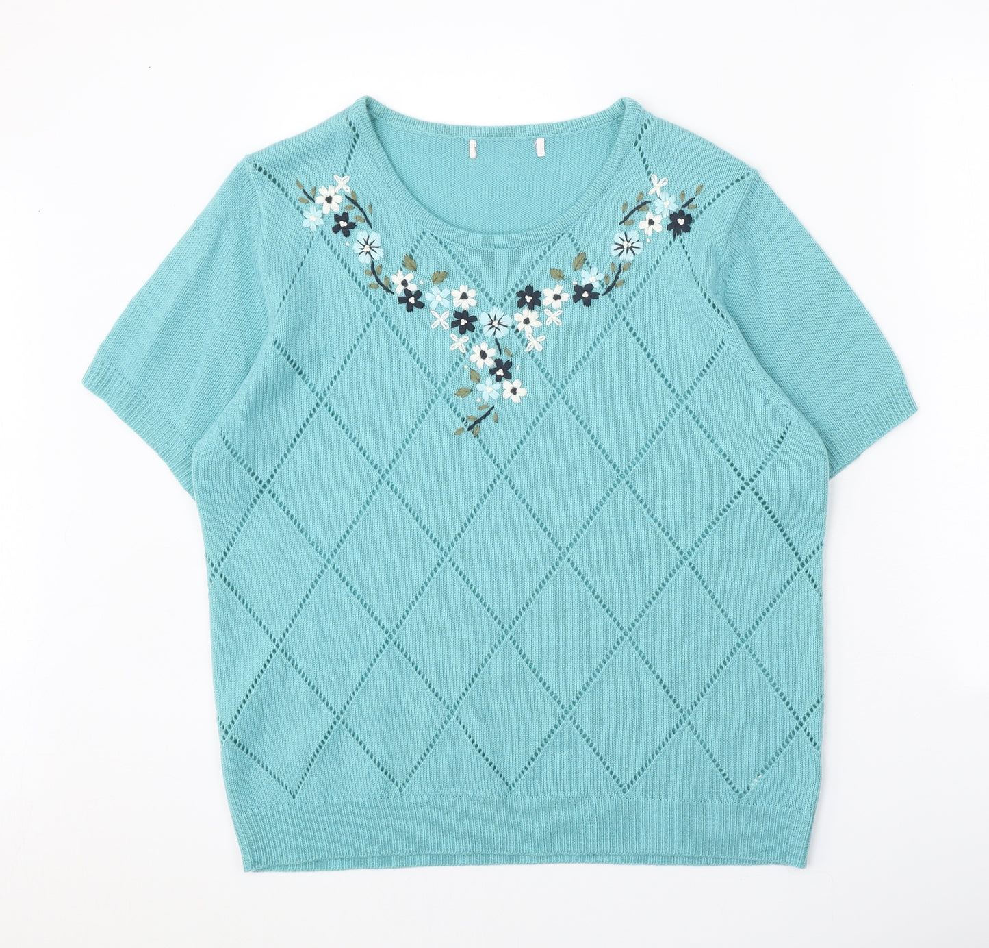 Julipa Womens Blue Round Neck Acrylic Pullover Jumper Size 16 - Floral