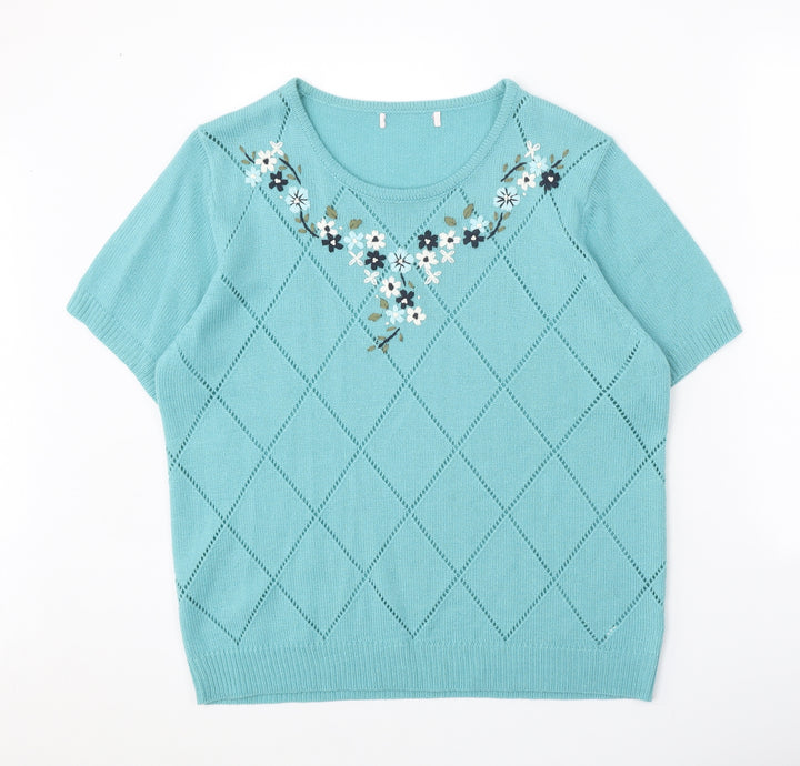 Julipa Womens Blue Round Neck Acrylic Pullover Jumper Size 16 - Floral
