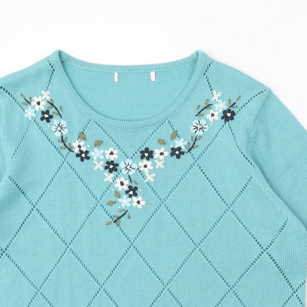 Julipa Womens Blue Round Neck Acrylic Pullover Jumper Size 16 - Floral