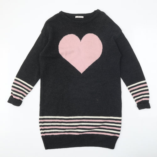 TU Womens Grey Round Neck Acrylic Pullover Jumper Size 8 - Heart Detail