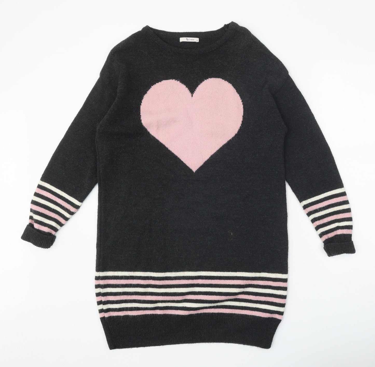 TU Womens Grey Round Neck Acrylic Pullover Jumper Size 8 - Heart Detail