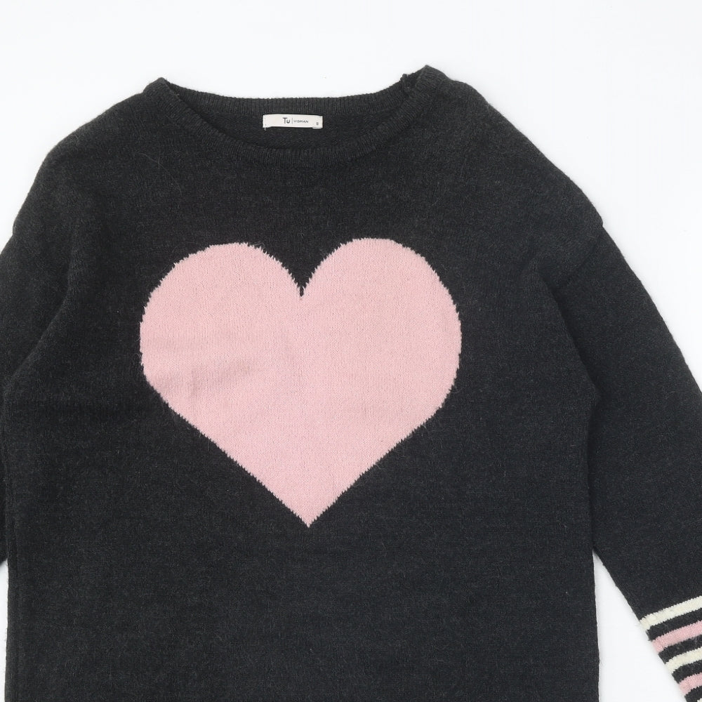 TU Womens Grey Round Neck Acrylic Pullover Jumper Size 8 - Heart Detail