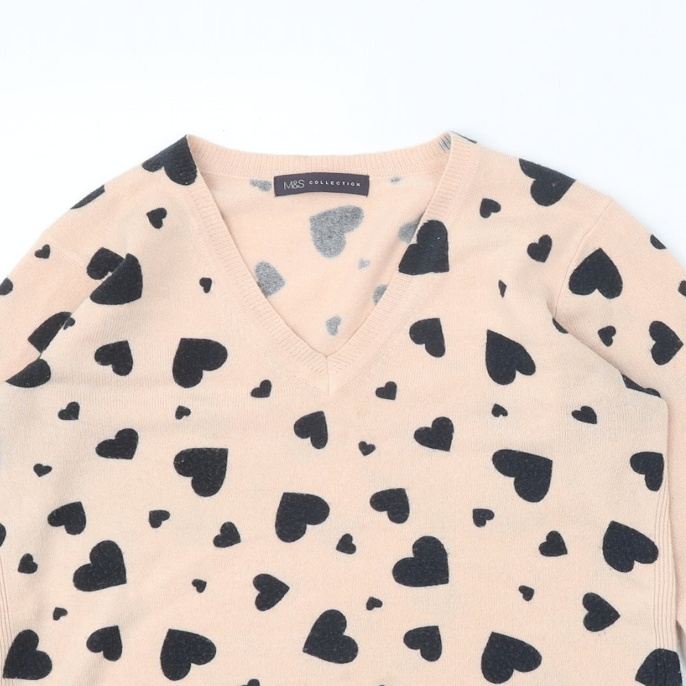 marks Womens Pink V-Neck Geometric Acrylic Pullover Jumper Size 10 - Heart Print