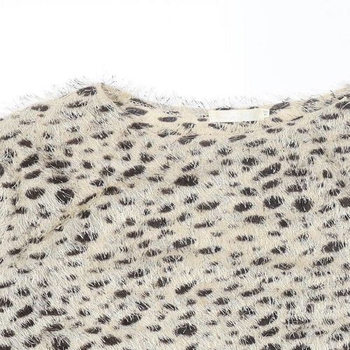 Flamant Rose Womens Beige Round Neck Animal Print Polyester Pullover Jumper Size S