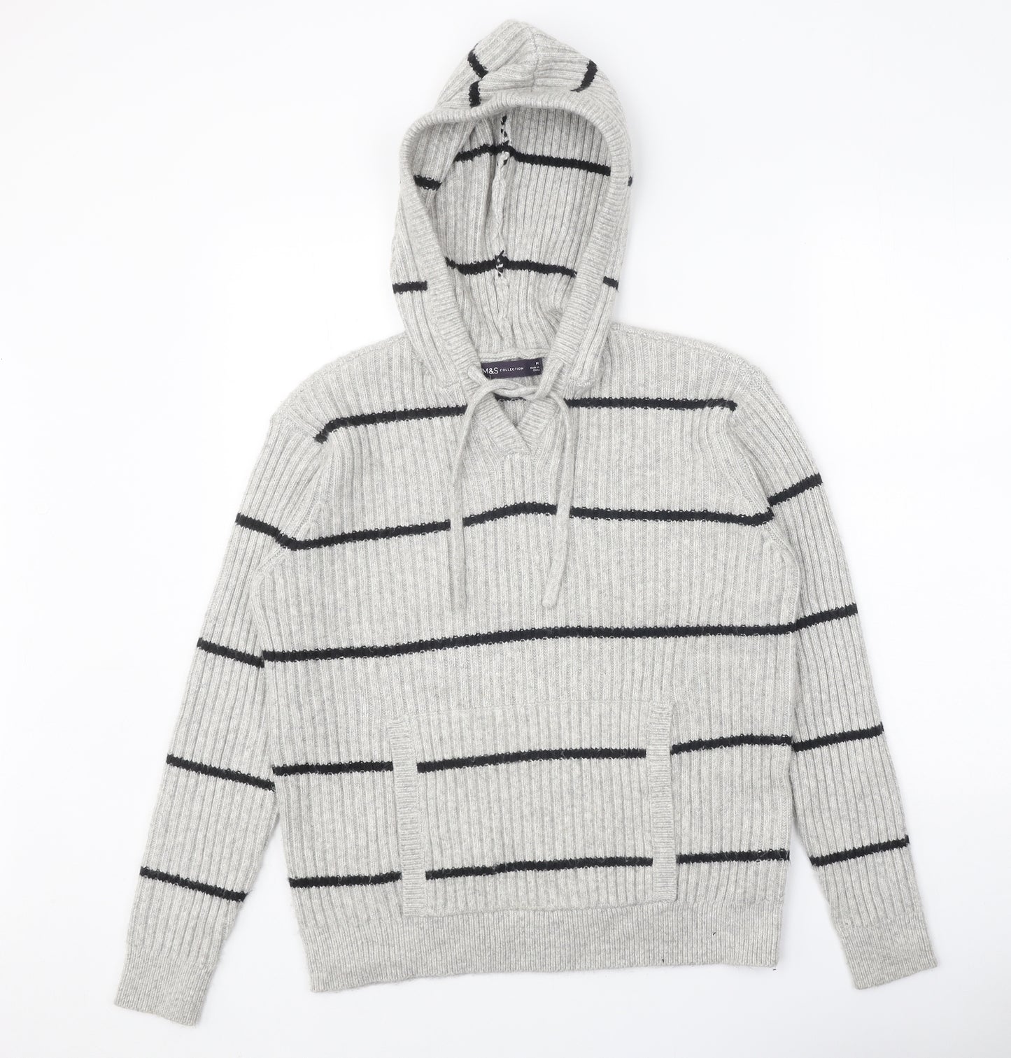 Marks and Spencer Womens Grey Round Neck Striped Polyester Pullover Jumper Size M