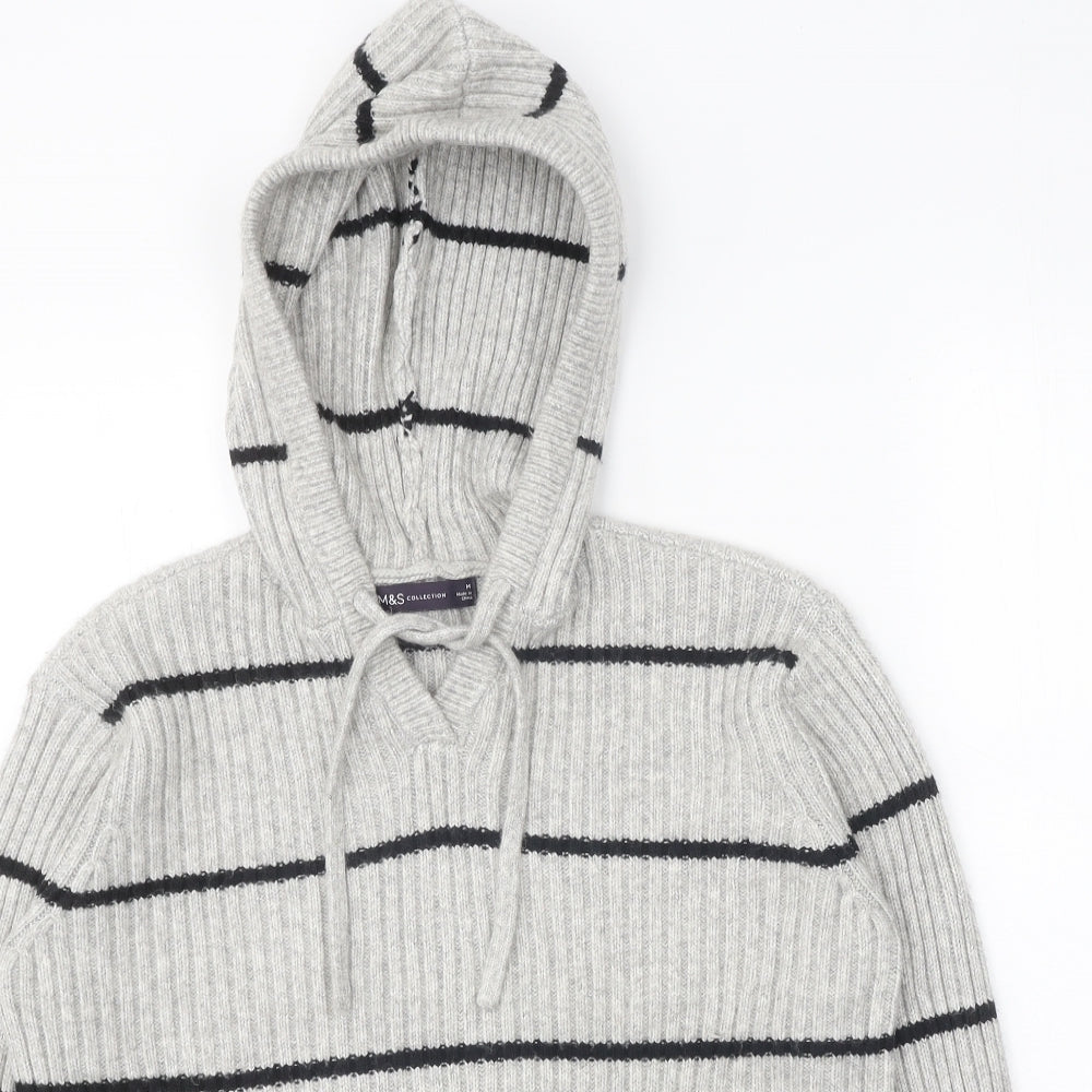 Marks and Spencer Womens Grey Round Neck Striped Polyester Pullover Jumper Size M
