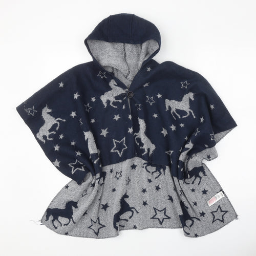 Monsoon Girls Blue V-Neck Geometric Acrylic Cardigan Jumper Size 3 Years Button - Unicorn