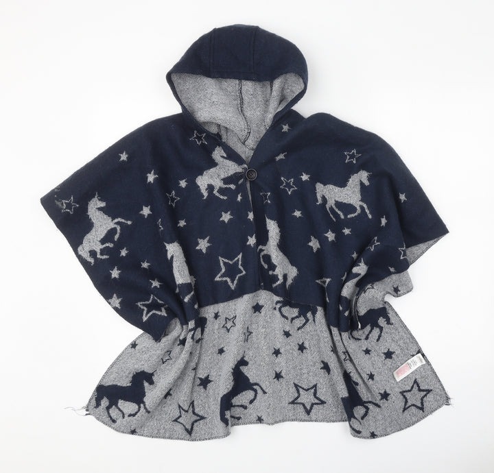 Monsoon Girls Blue V-Neck Geometric Acrylic Cardigan Jumper Size 3 Years Button - Unicorn