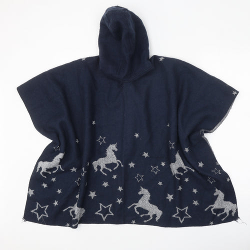 Monsoon Girls Blue V-Neck Geometric Acrylic Cardigan Jumper Size 3 Years Button - Unicorn