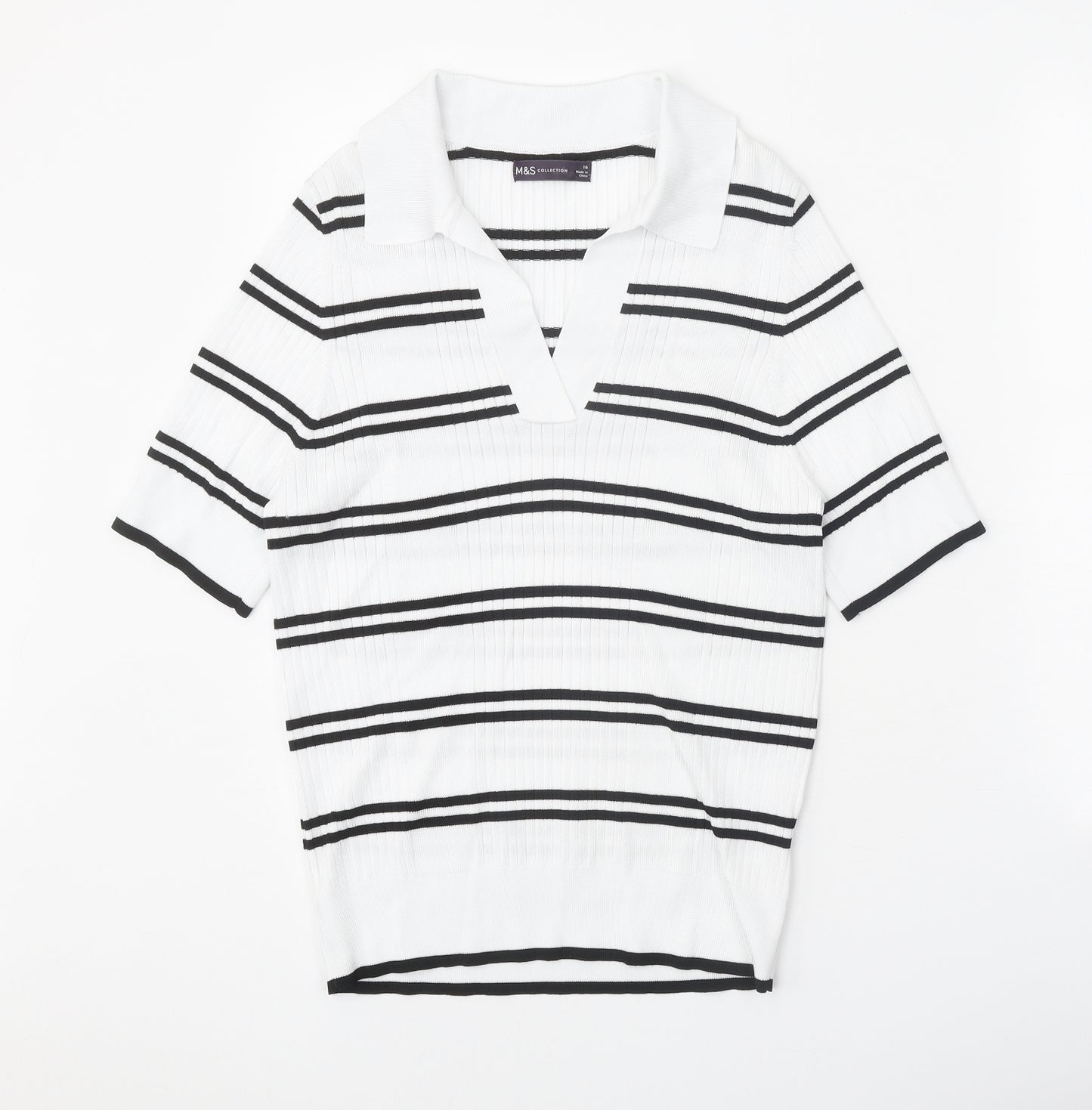 Marks and Spencer Womens White Collared Striped Polyester Pullover Jumper Size 16