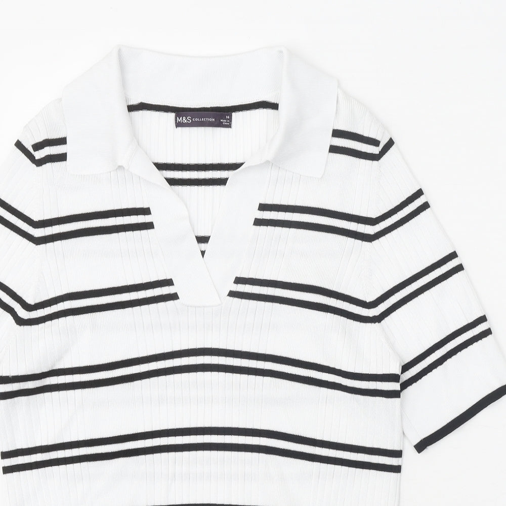 Marks and Spencer Womens White Collared Striped Polyester Pullover Jumper Size 16