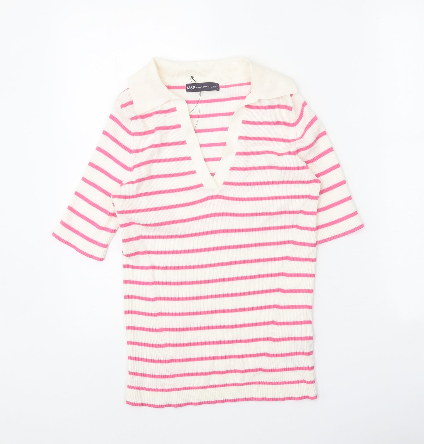 Marks and Spencer Womens White V-Neck Striped Cotton Pullover Jumper Size S