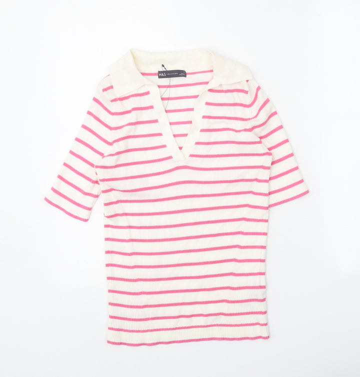 Marks and Spencer Womens White V-Neck Striped Cotton Pullover Jumper Size S