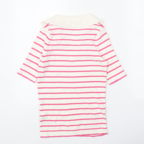 Marks and Spencer Womens White V-Neck Striped Cotton Pullover Jumper Size S