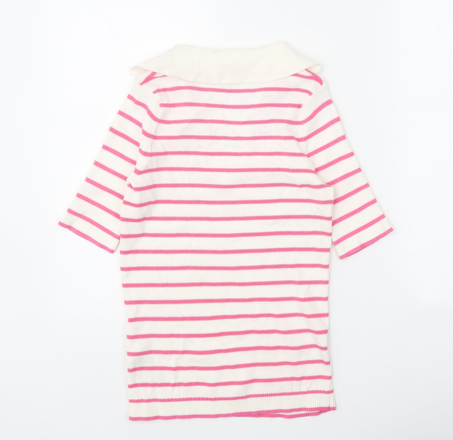 Marks and Spencer Womens White V-Neck Striped Cotton Pullover Jumper Size S