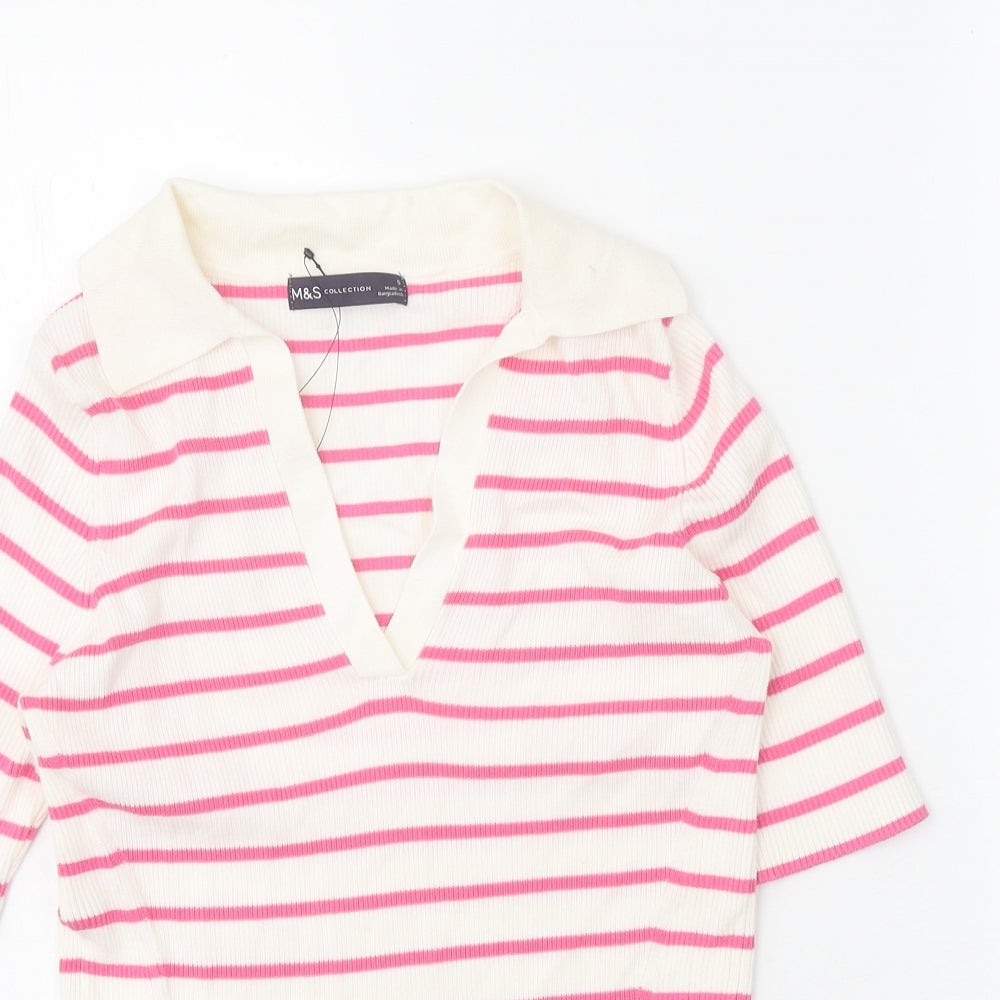 Marks and Spencer Womens White V-Neck Striped Cotton Pullover Jumper Size S