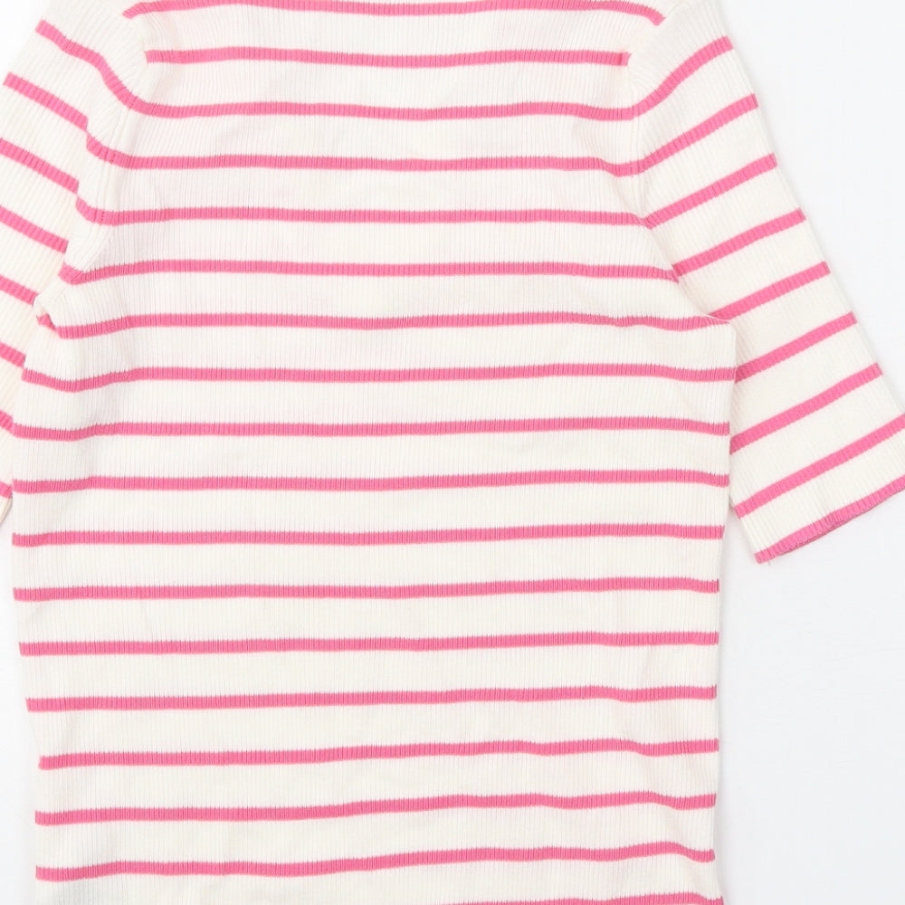 Marks and Spencer Womens White V-Neck Striped Cotton Pullover Jumper Size S