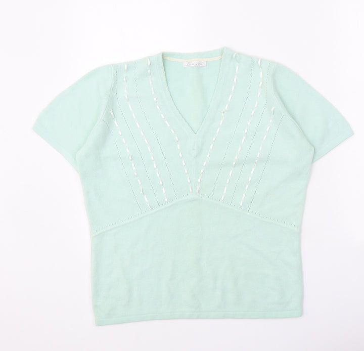 Berkertex Womens Green V-Neck Acrylic Pullover Jumper Size 14