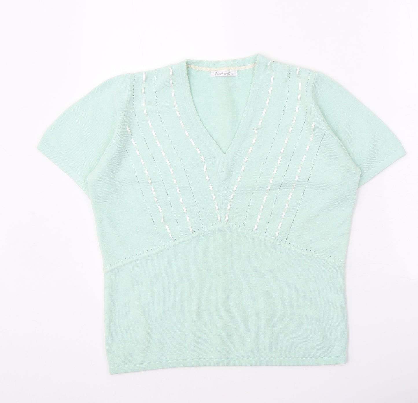 Berkertex Womens Green V-Neck Acrylic Pullover Jumper Size 14