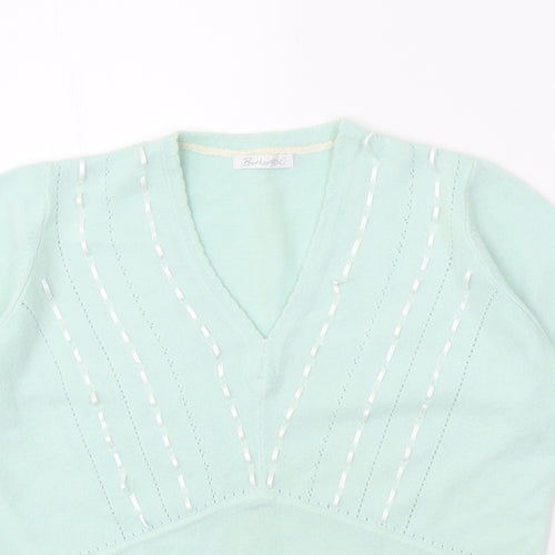 Berkertex Womens Green V-Neck Acrylic Pullover Jumper Size 14
