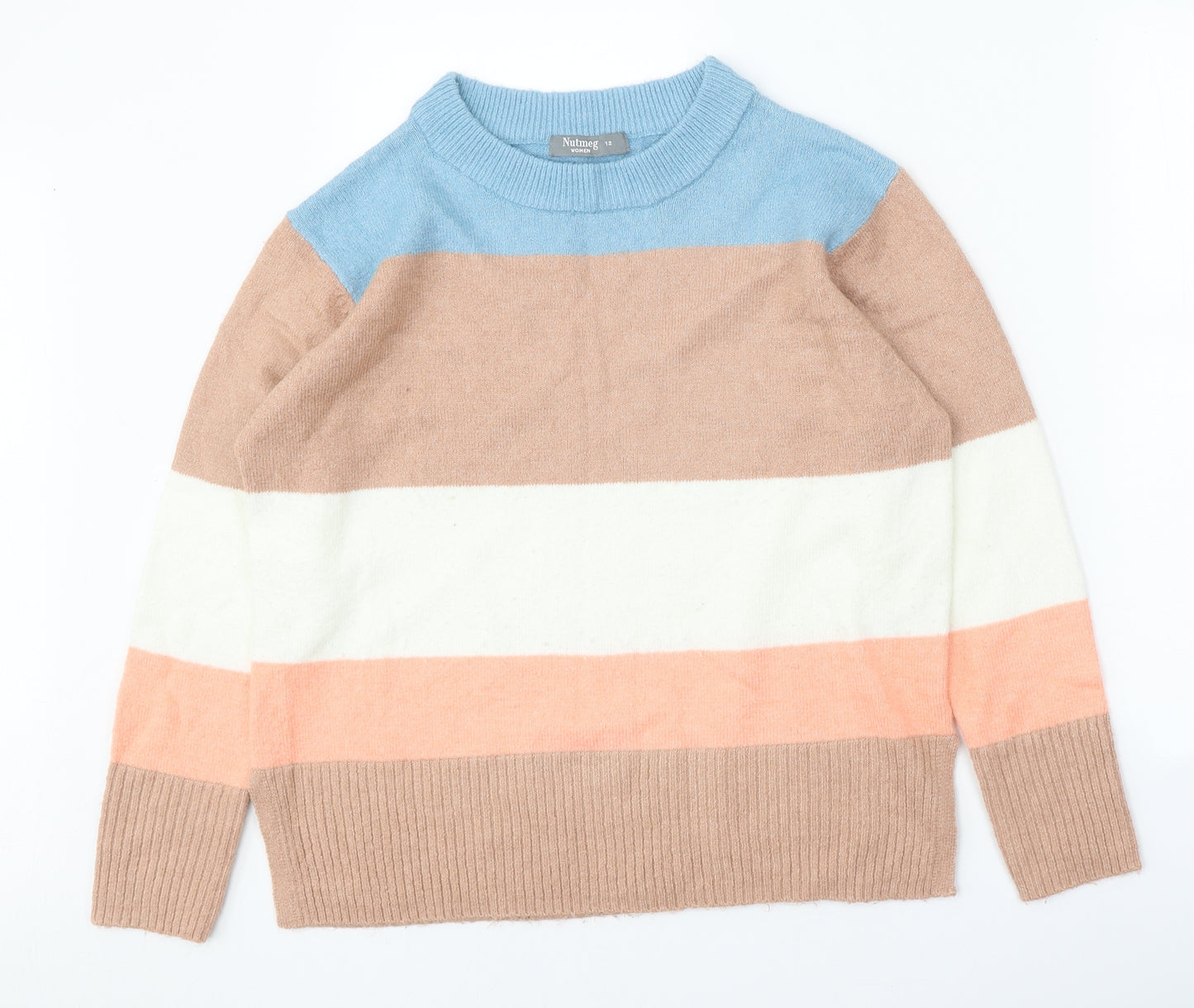Nutmeg Womens Multicoloured Round Neck Striped Acrylic Pullover Jumper Size 12