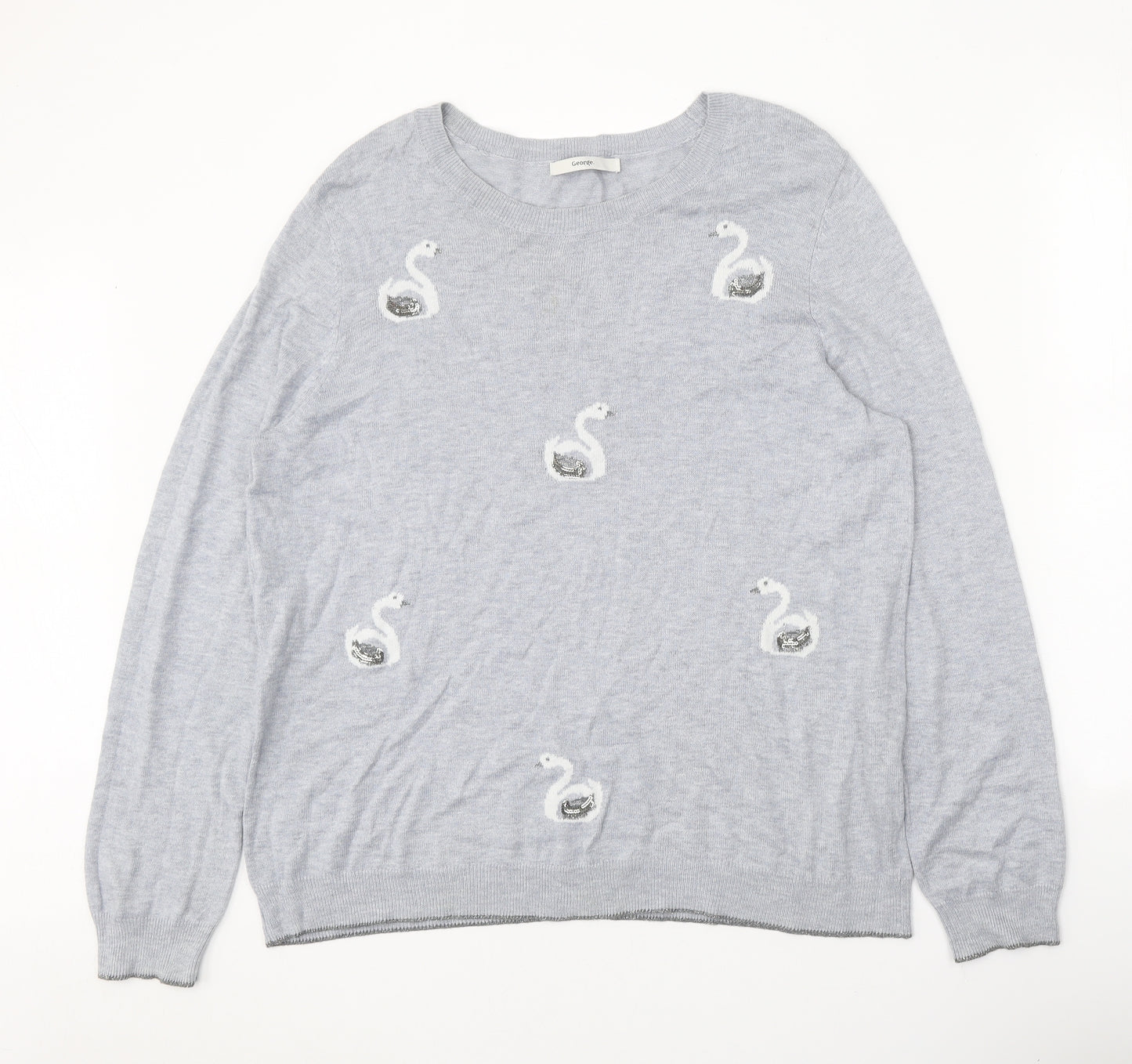 George Womens Grey Round Neck Acrylic Pullover Jumper Size 18 - Swan Print