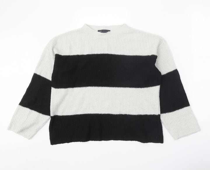 Marks and Spencer Womens Black Round Neck Striped Acrylic Pullover Jumper Size M