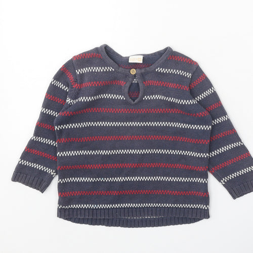Lindex Girls Grey Round Neck Striped 100% Cotton Pullover Jumper Size 2 Years Button