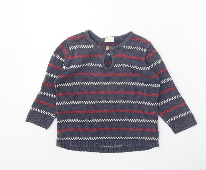 Lindex Girls Grey Round Neck Striped 100% Cotton Pullover Jumper Size 2 Years Button
