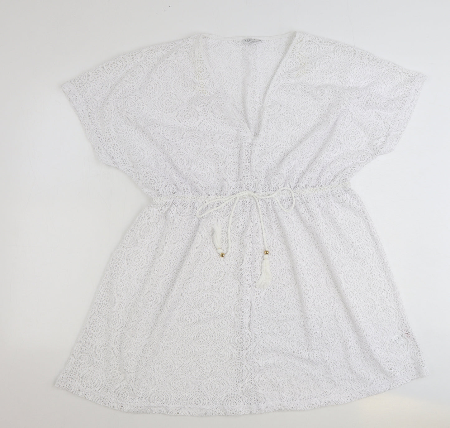 Papaya Womens White Geometric Polyester Tunic Tank Size L V-Neck - Broderie Anglaise Details