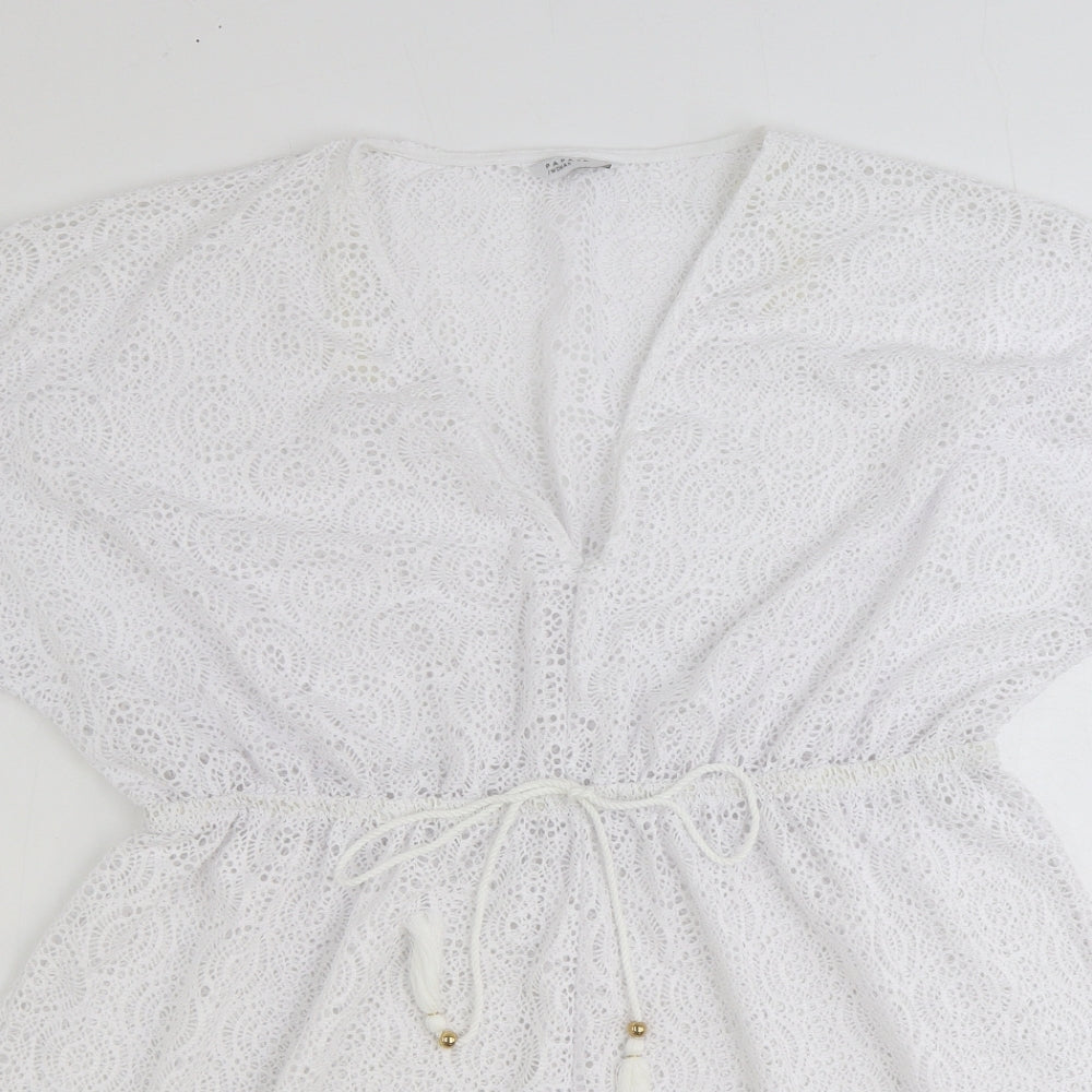 Papaya Womens White Geometric Polyester Tunic Tank Size L V-Neck - Broderie Anglaise Details