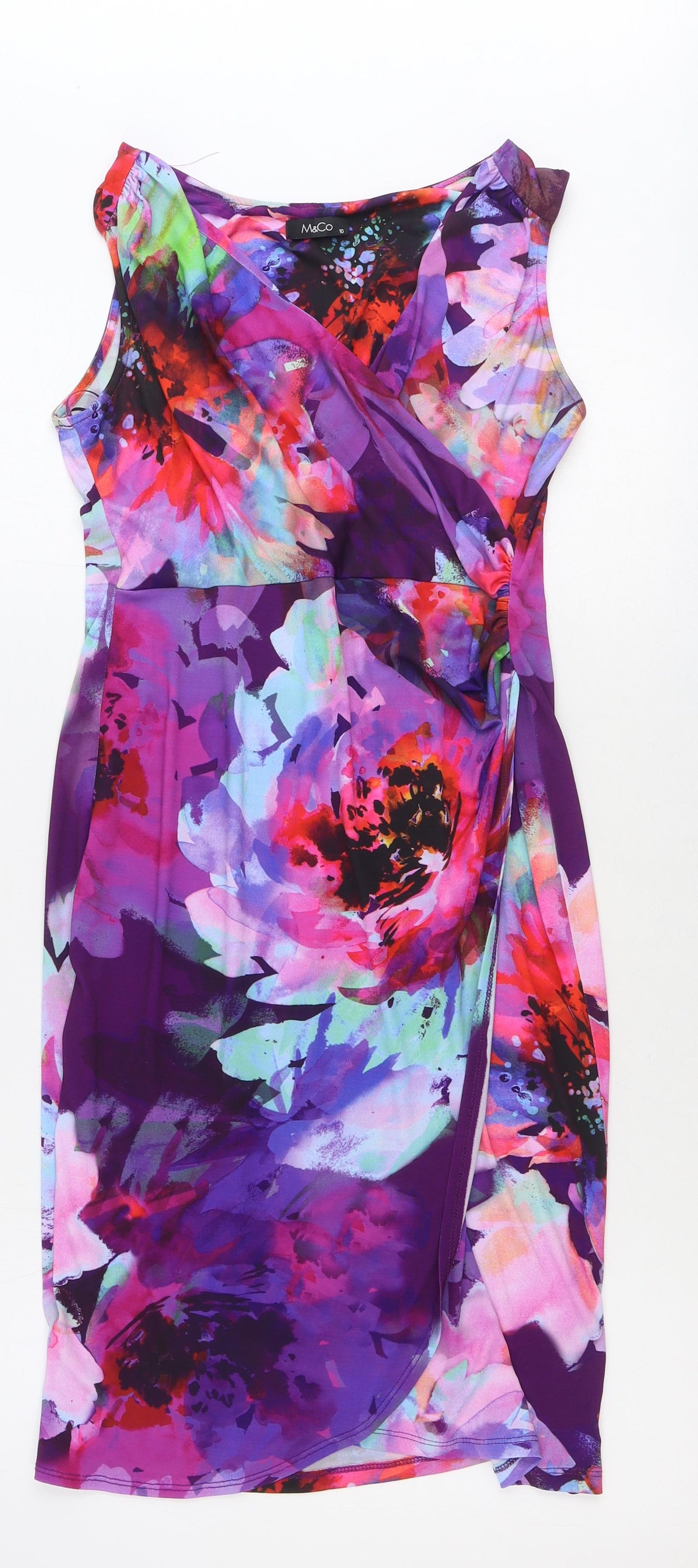 M&Co Womens Multicoloured Floral Polyester A-Line Size 10 V-Neck