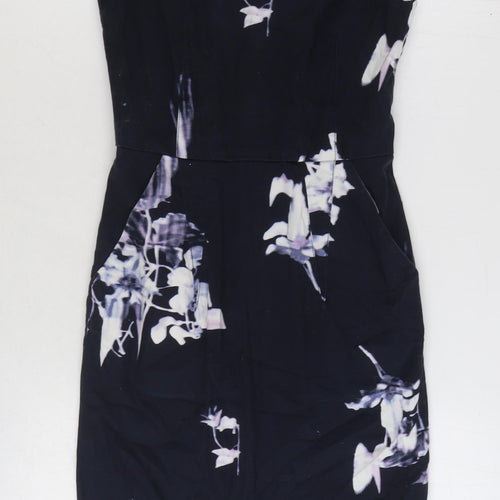 French Connection Womens Blue Floral Cotton A-Line Size 6 V-Neck Zip