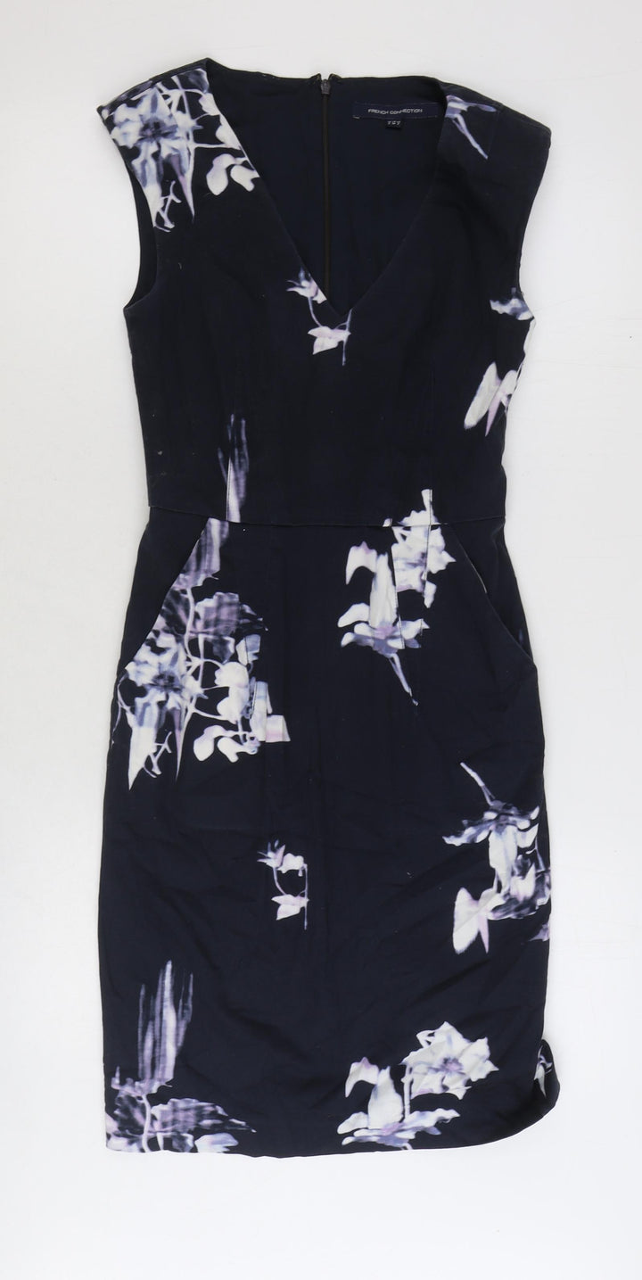 French Connection Womens Blue Floral Cotton A-Line Size 6 V-Neck Zip