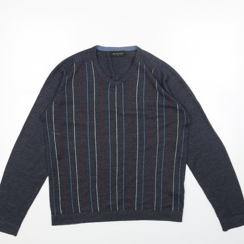 Burton Mens Blue V-Neck Striped Acrylic Pullover Jumper Size S Long Sleeve
