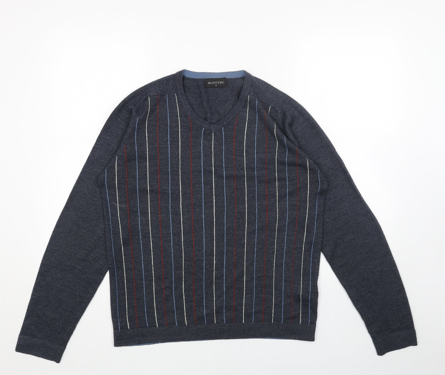 Burton Mens Blue V-Neck Striped Acrylic Pullover Jumper Size S Long Sleeve