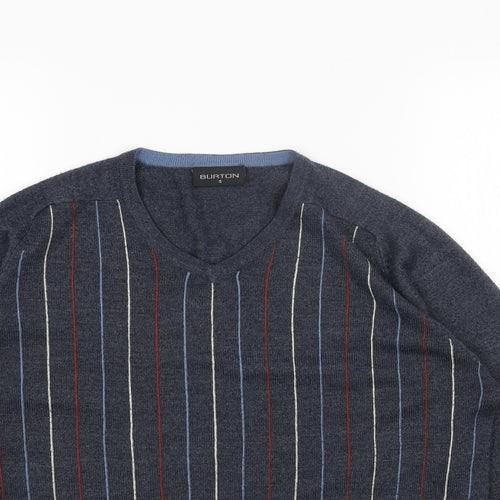 Burton Mens Blue V-Neck Striped Acrylic Pullover Jumper Size S Long Sleeve