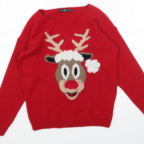 Pura Moda Womens Red Boat Neck Acrylic Pullover Jumper Size S - Reindeer